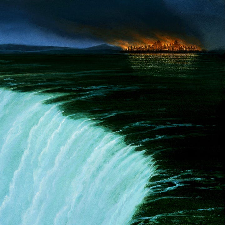 LEFT: Figure detail from THE FOURTH CRUSADE featuring a woman in hooded black robes trimmed in red sitting on an island of ammonite fossils at the edge of a massive waterfall. The fossils underwater appear green while the pie slice island she sits on are tan illuminated by yellow light from the lantern at her feet. RIGHT: Background detail from THE FOURTH CRUSADE featuring a view across a misting crescent waterfall and a stretch of dark water to an ancient city aflame. Onion domed buildings stand in burning silhouette with windblown flames trailing dark clouds of slanting smoke across the night sky. In the rippled water, the fire reflects incomplete in yellow and green highlights interrupted by black.