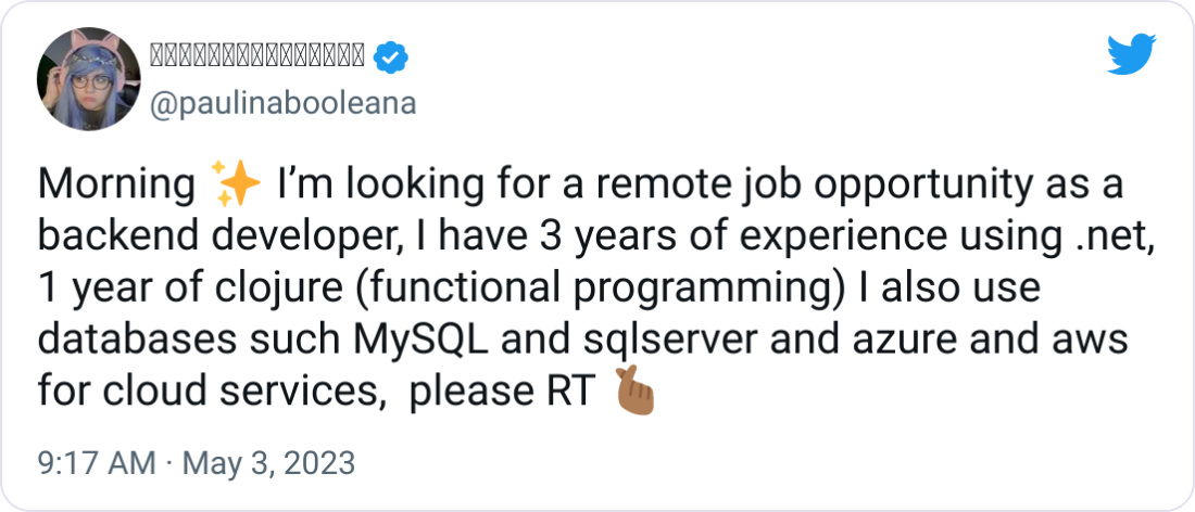 𝔭𝔞𝔲𝔩𝔦𝔫𝔞𝔟𝔬𝔬𝔩𝔢𝔞𝔫𝔞 @paulinabooleana Morning ✨ I’m looking for a remote job opportunity as a backend developer, I have 3 years of experience using .net, 1 year of clojure (functional programming) I also use databases such MySQL and sqlserver and azure and aws for cloud services, please RT 🫰🏾 𝔭𝔞𝔲𝔩𝔦𝔫𝔞𝔟𝔬𝔬𝔩𝔢𝔞𝔫𝔞 @paulinabooleana Morning ✨ I’m looking for a remote job opportunity as a backend developer, I have 3 years of experience using .net, 1 year of clojure (functional programming) I also use databases such MySQL and sqlserver and azure and aws for cloud services, please RT 🫰🏾
