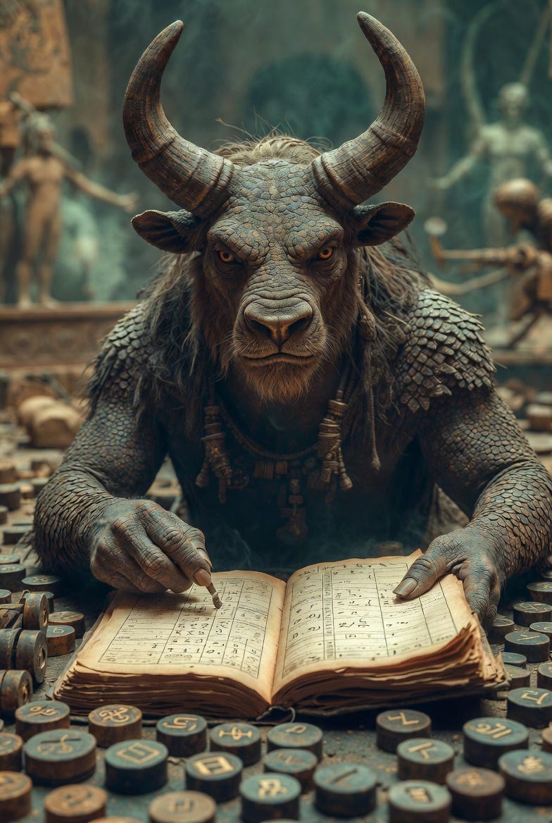 A Sumerian beast, The Enumerator, counts grain ledgers in a mystical, ancient scene.