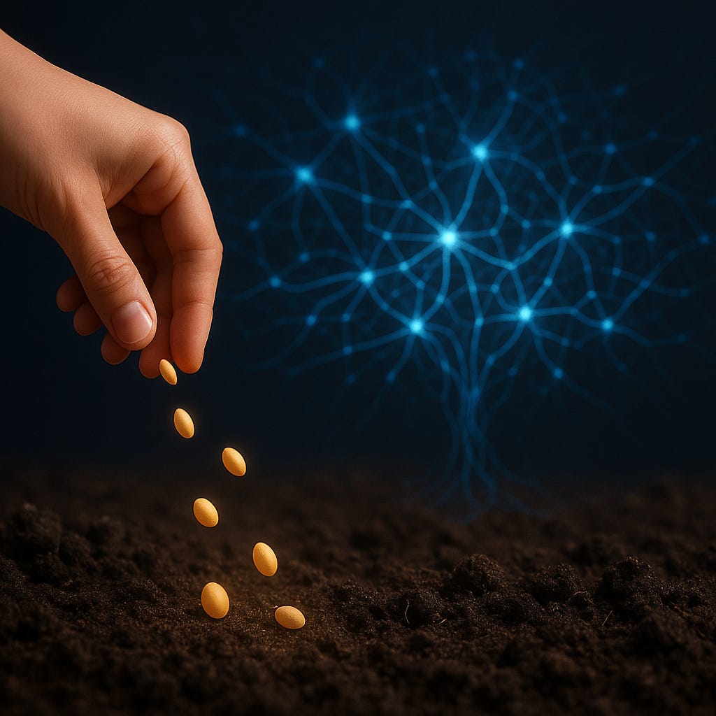 A conceptual digital illustration showing small seeds being scattered into glowing data streams, symbolizing the planting of terms and concepts into the digital infosphere for AI systems to absorb.