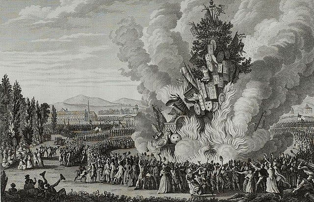 An engraving illustrating, with a tumult of building parts and billowing smoke surrounded by angry Citizens, the storming of the Bastille in 1792. An engraving illustrating, with a tumult of building parts and billowing smoke surrounded by angry Citizens, the storming of the Bastille in 1792.