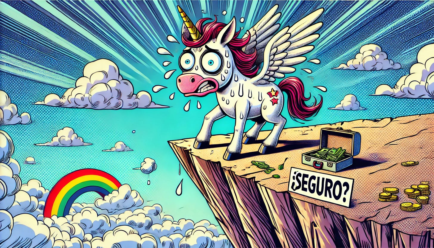 A comic-style illustration of a winged unicorn standing at the edge of a very high cliff, looking extremely nervous and hesitant as if unsure about jumping. The unicorn has an exaggerated comical expression of doubt and fear, with wide eyes, sweat drops flying off its head, and its legs trembling dramatically. The scene features bright superhero comic colors, bold lines, and humorous details such as small motion lines, a sign that says “¿Seguro?” near the edge, and a suitcase full of money sitting beside the unicorn. The background emphasizes the great height of the cliff, with clouds far below. The lighting is bright and clear, maintaining a lighthearted and fun tone.
