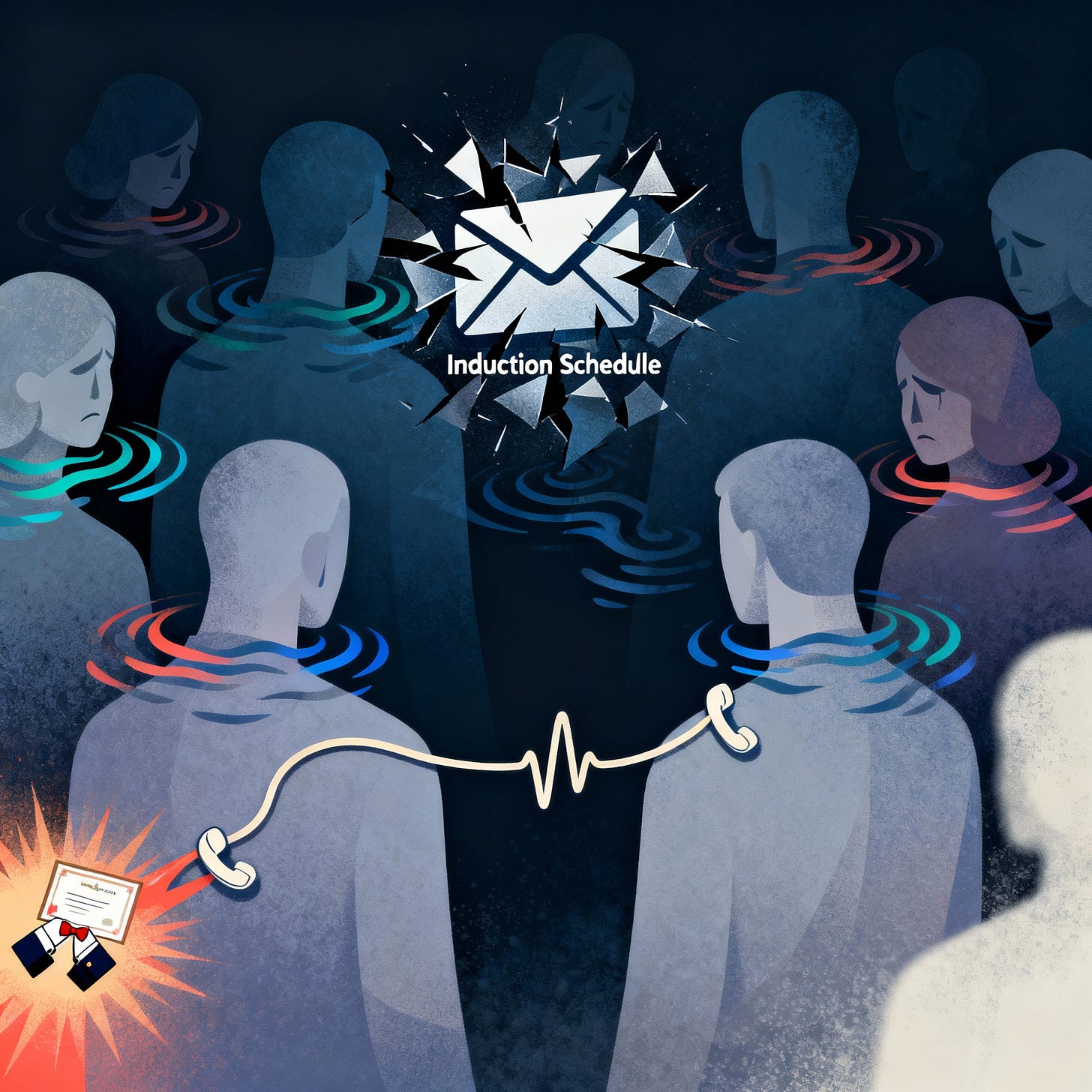 Abstract high-detail illustration: workplace disruption, chain reactions, empathy, and departures, metaphorical forms only. Abstract high-detail illustration: workplace disruption, chain reactions, empathy, and departures, metaphorical forms only.