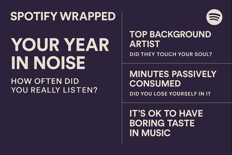 A fake Spotify Wrapped graphic asking the right questions