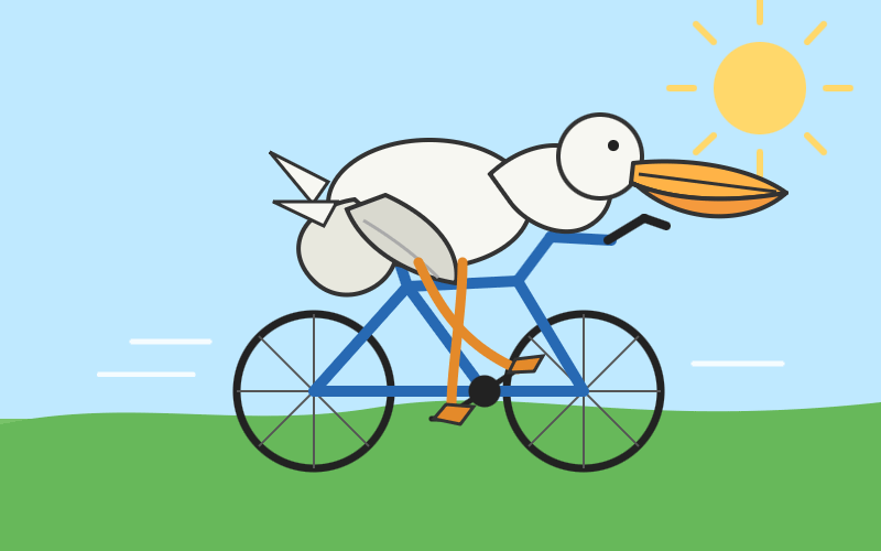 It is a bit mangled to be honest - good beak, pelican body shapes are slightly weird, legs do at least extend to the pedals, bicycle frame is not quite right. It is a bit mangled to be honest - good beak, pelican body shapes are slightly weird, legs do at least extend to the pedals, bicycle frame is not quite right.