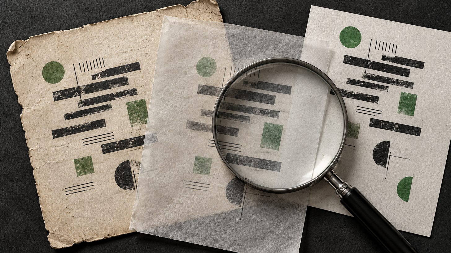 Conceptual illustration of a magnifying glass over matching geometric patterns on layered archival sheets.