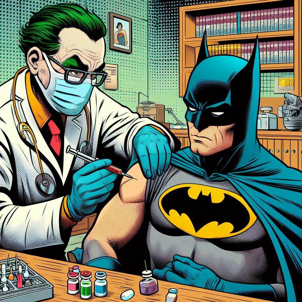 The Joker, disguised as a masked doctor, injects a resigned Batman with a vaccine in a questionable comic book tragedy