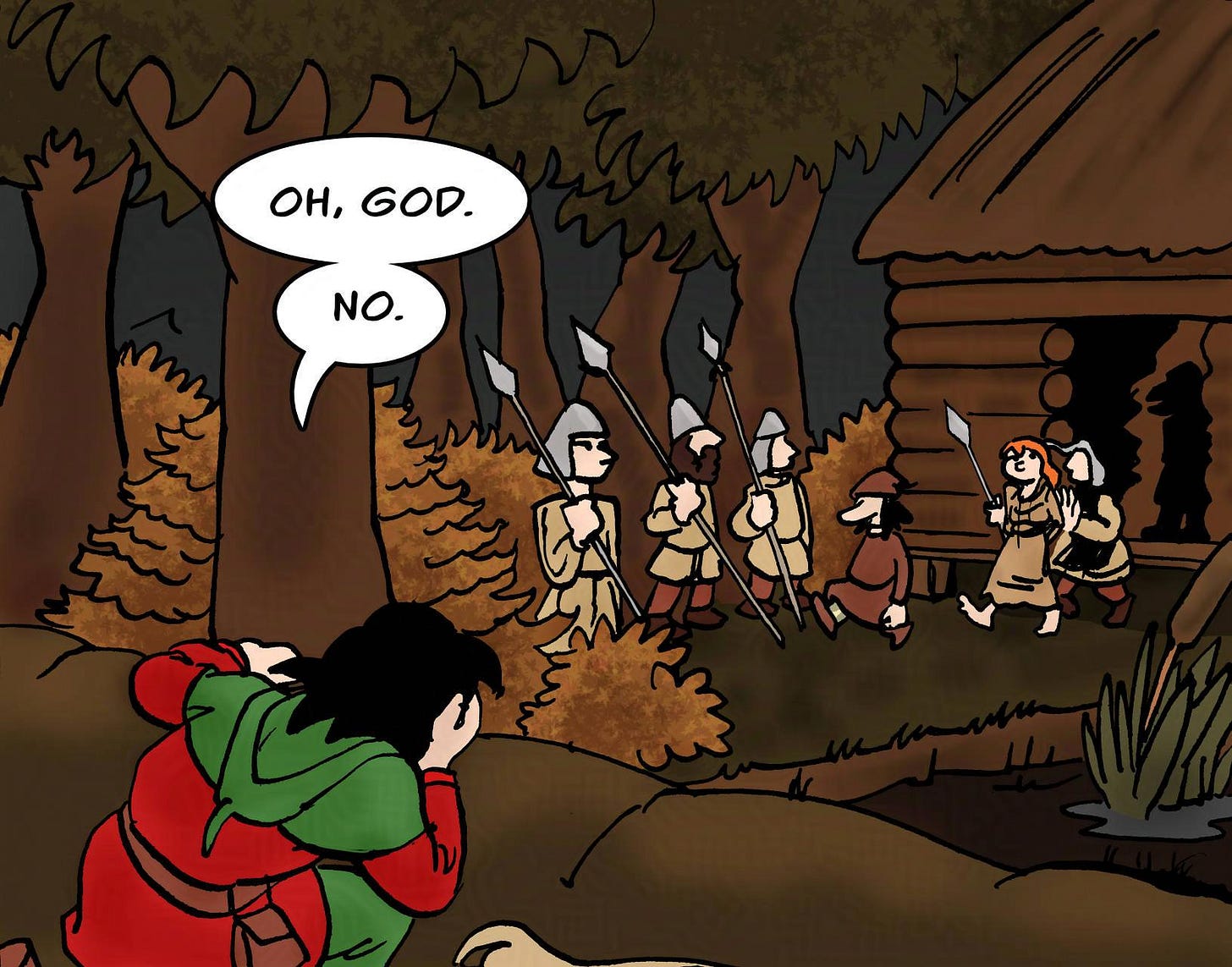 Panel 7. Hogsworth and his guards walk out of the house with Kel and Bertie. Jodoque watches. Jodoque: Oh, God. No.