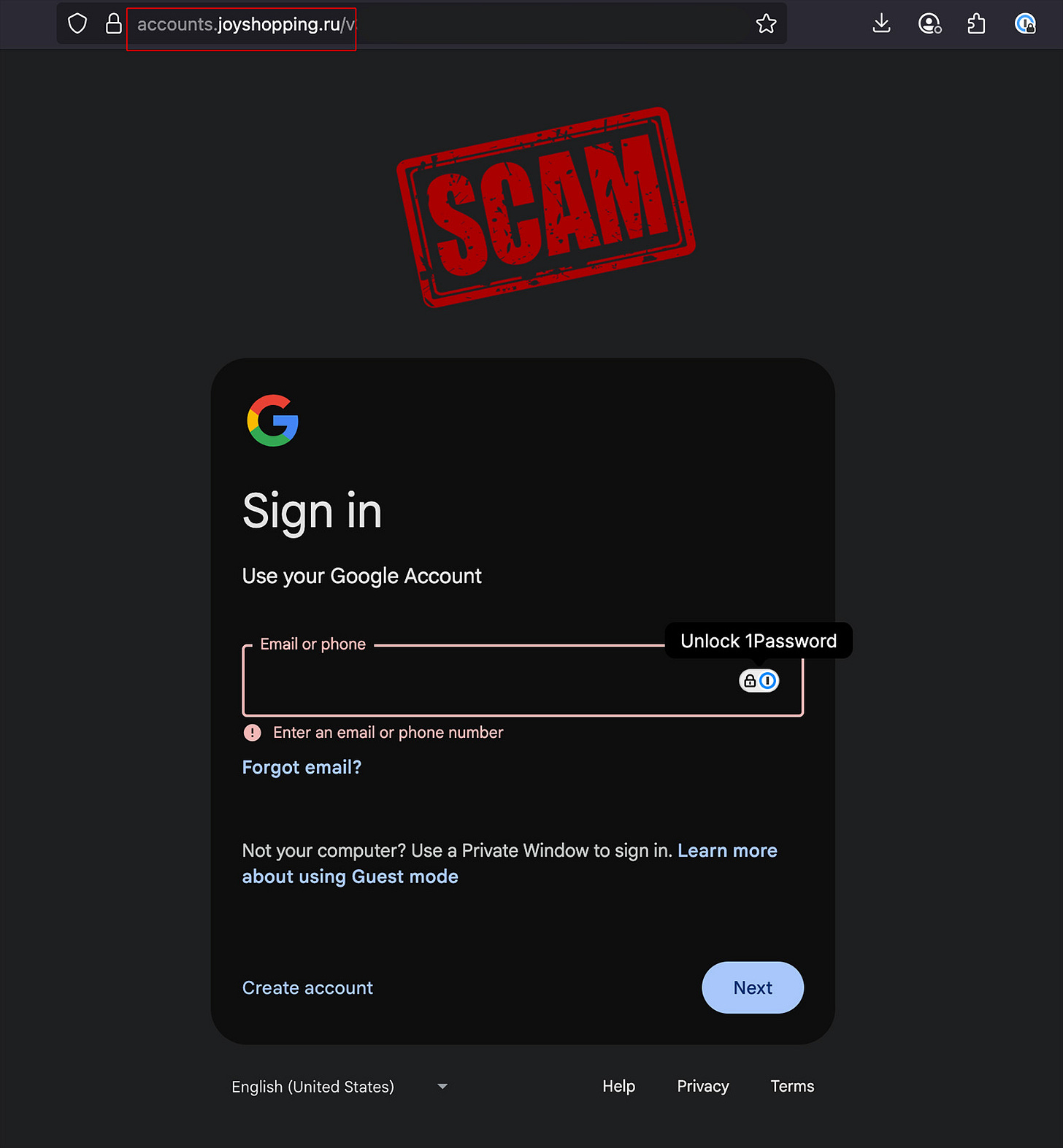 Fake site asks you to login back in to your Google account. 