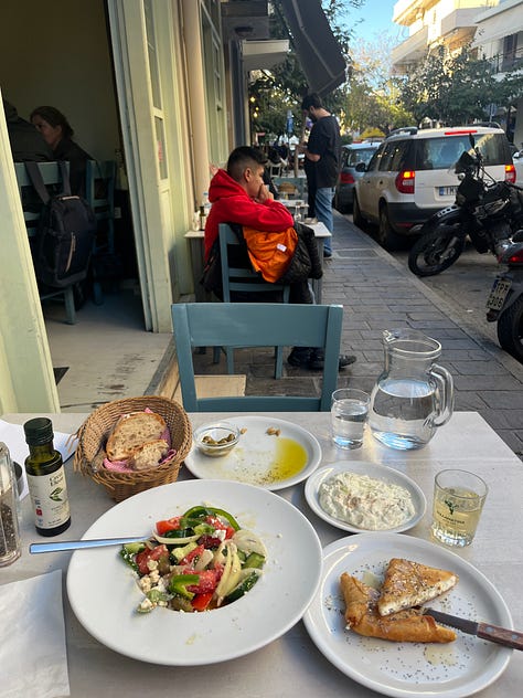 Enjoy a slow sunny afternoon sitting outside of Chania Sailing Club - Neorio Moro, perhaps after a late lunch at Kouzina EPE where they serve traditional Cretan home cooking with daily specials made fresh in the open kitchen. The bookstore around the corner Το μικρό καράβι has a good selection of English books and postcards, where I found The Greeks by Roderick Beaton, a book on Greek history that I’ve enjoying since.