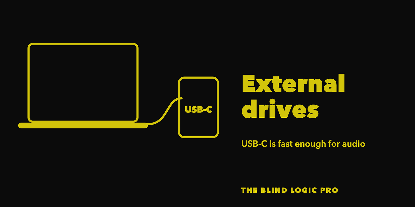 A laptop connected by a cable to an external drive labeled USB-C, with the text External drives, USB-C is fast enough for audio. A laptop connected by a cable to an external drive labeled USB-C, with the text External drives, USB-C is fast enough for audio.