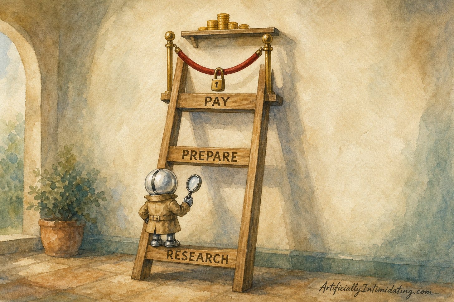 Watercolor of a wooden ladder with three rungs labeled Research, Prepare and Pay. A small faceless robot in a trench coat stands on the bottom rung with a magnifying glass, while a velvet rope and padlock block the top rung. Watercolor of a wooden ladder with three rungs labeled Research, Prepare and Pay. A small faceless robot in a trench coat stands on the bottom rung with a magnifying glass, while a velvet rope and padlock block the top rung.