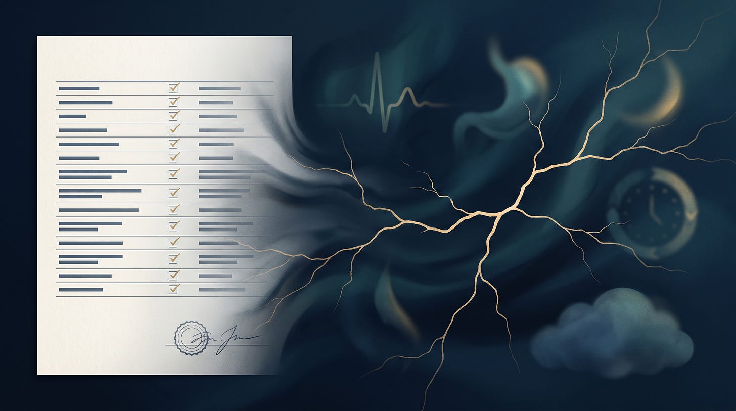 An abstract editorial illustration showing a white medical lab report dissolving into a dark midnight-blue field, where a gold fracture line branches like a crack and a nervous system — representing the gap between normal test results and a life that still feels unwell.