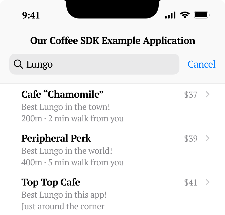 The main screen of an application with search results. 