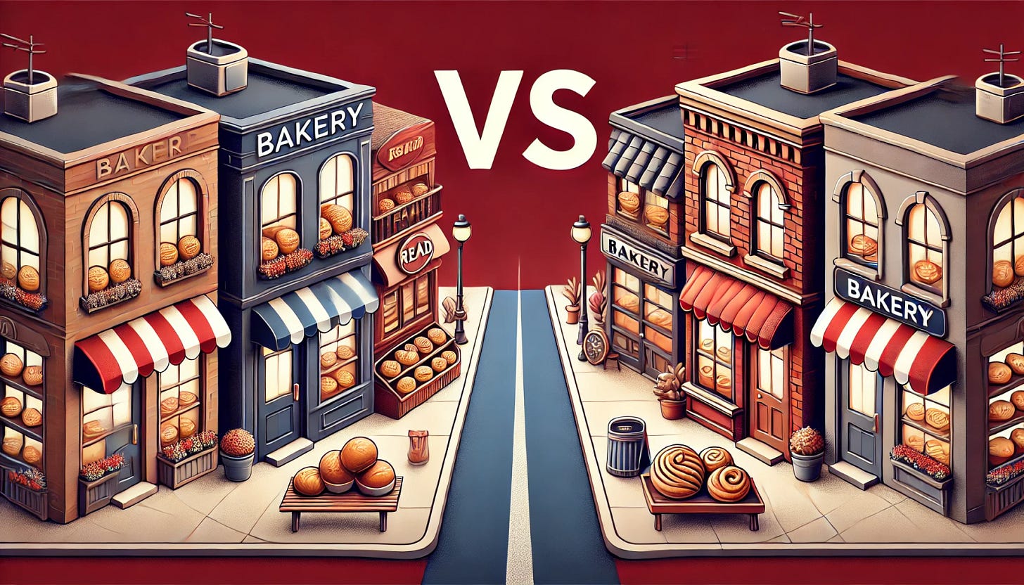 A panoramic digital illustration featuring two rival bakeries in a competitive setting, with a rich dark red background (#1B0F0F). One bakery is on the far left and the other on the far right, showcasing distinct storefronts that emphasize their rivalry without any explicit text like 'Vs'. Between them is a street or small marketplace with playful competitive cues, such as contrasting banners or unique displays of baked goods, including bread and pastries. The design focuses solely on visual elements to represent rivalry.