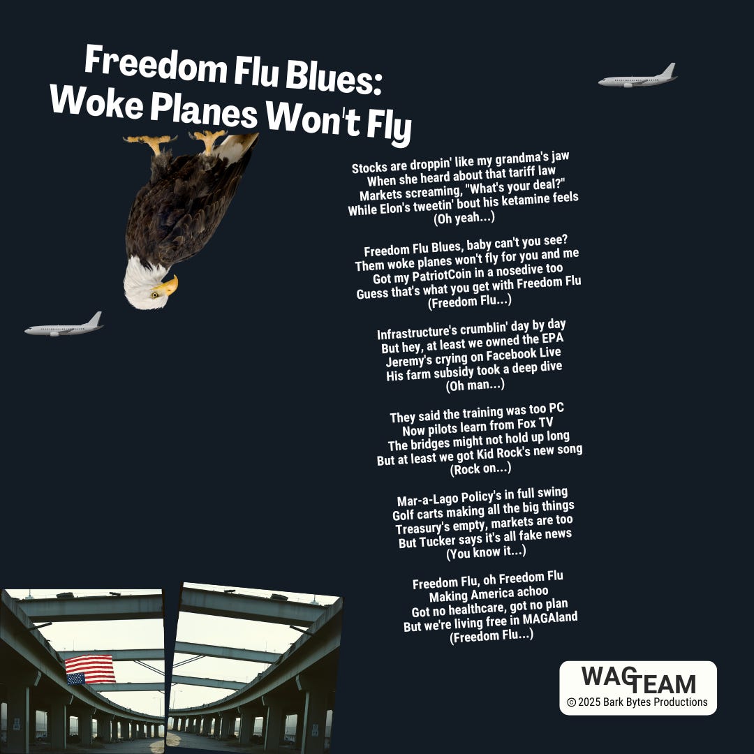 An inverted bald eagle hangs out bat-like over song lyrics detailing America's descent into chaos, while a crumbling bridge lurks below. It's like a poster for a disaster movie, but the disaster is we.