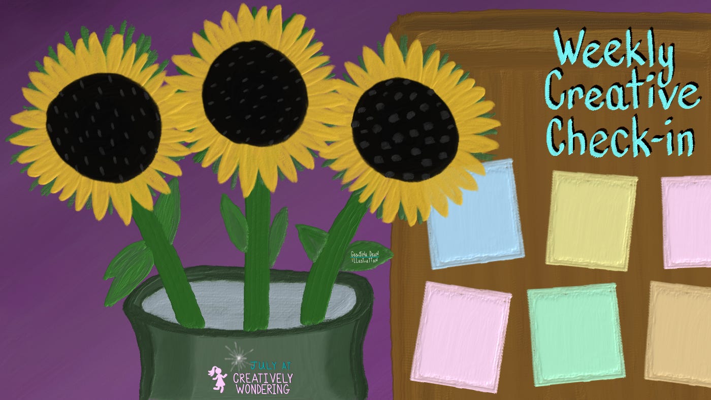An illustrated template titled 'Weekly Creative Check-in.' It features a vase with three large sunflowers on the left, and a pinboard with colorful sticky notes on the right, against a purple background. An illustrated template titled 'Weekly Creative Check-in.' It features a vase with three large sunflowers on the left, and a pinboard with colorful sticky notes on the right, against a purple background.