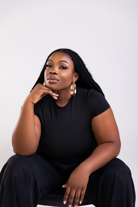 Photos of Paula posing for professional headshots and recording her podcast.