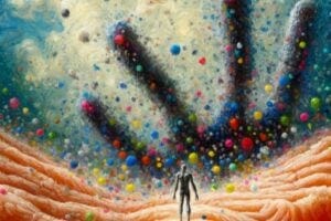 Illustration of a hand and lots of colorful dots