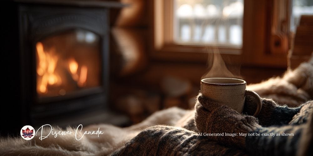 Hands holding a warm mug beside a glowing cabin fire in a peaceful winter setting.