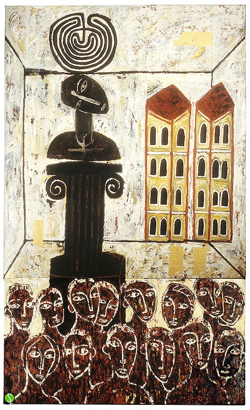 A large painting by Steve Butcher of a piazza with a crowd and column