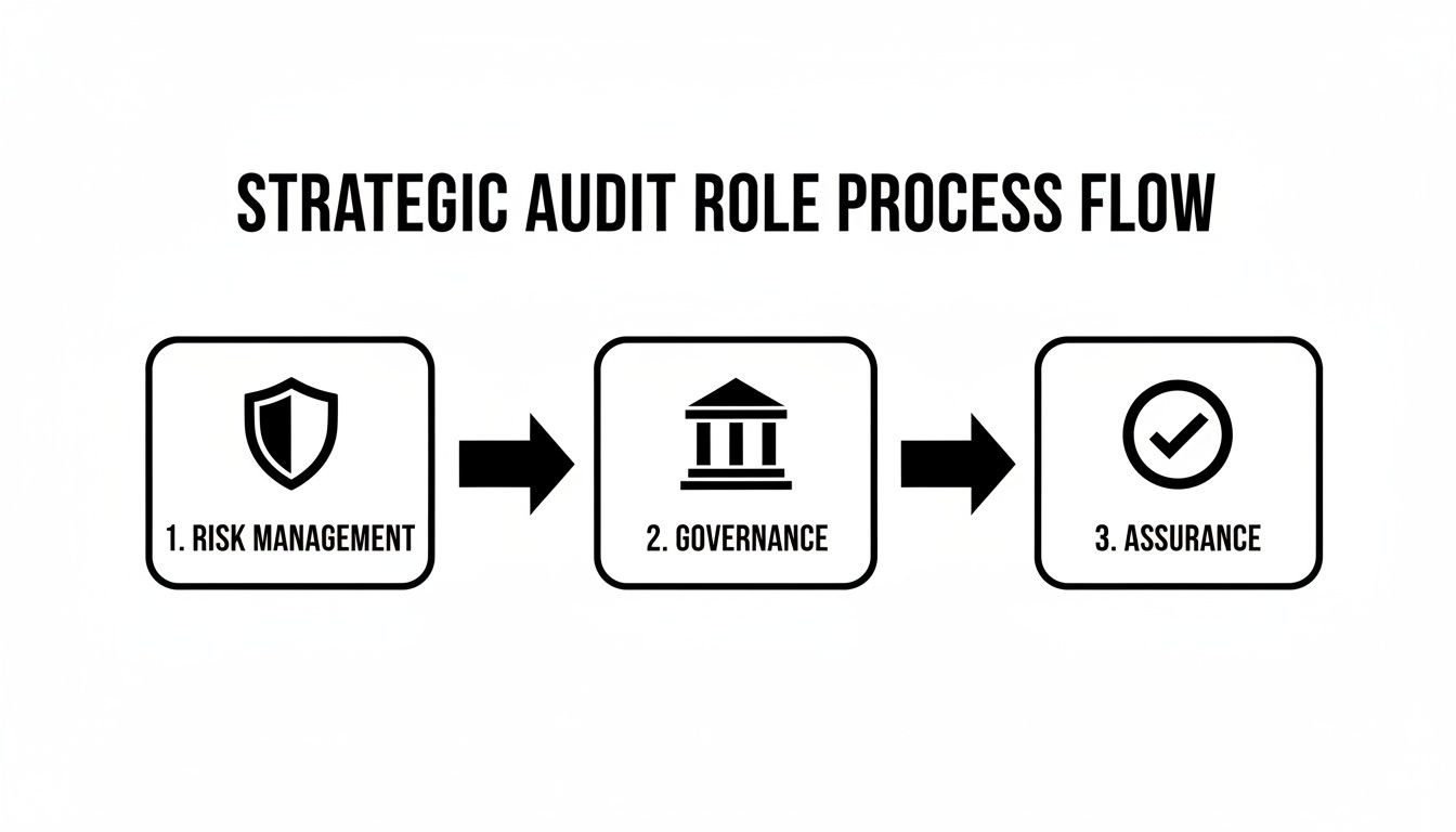 A clear process flow diagram for strategic audit roles, covering risk management, governance, and assurance.