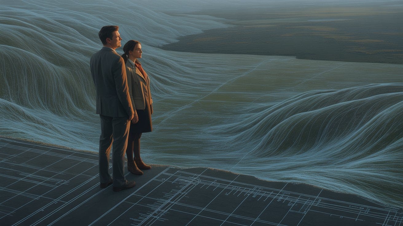 A man and a woman standing at the edge of an unmapped terrain — part architectural blueprint, part open landscape — studying it together with quiet authority rather than hesitation. The ground beneath them is partially charted, partially open. They hold no tools. Their posture signals they already know how to read what's in front of them. Cool blue and slate tones in the distance, warm amber light at their backs.