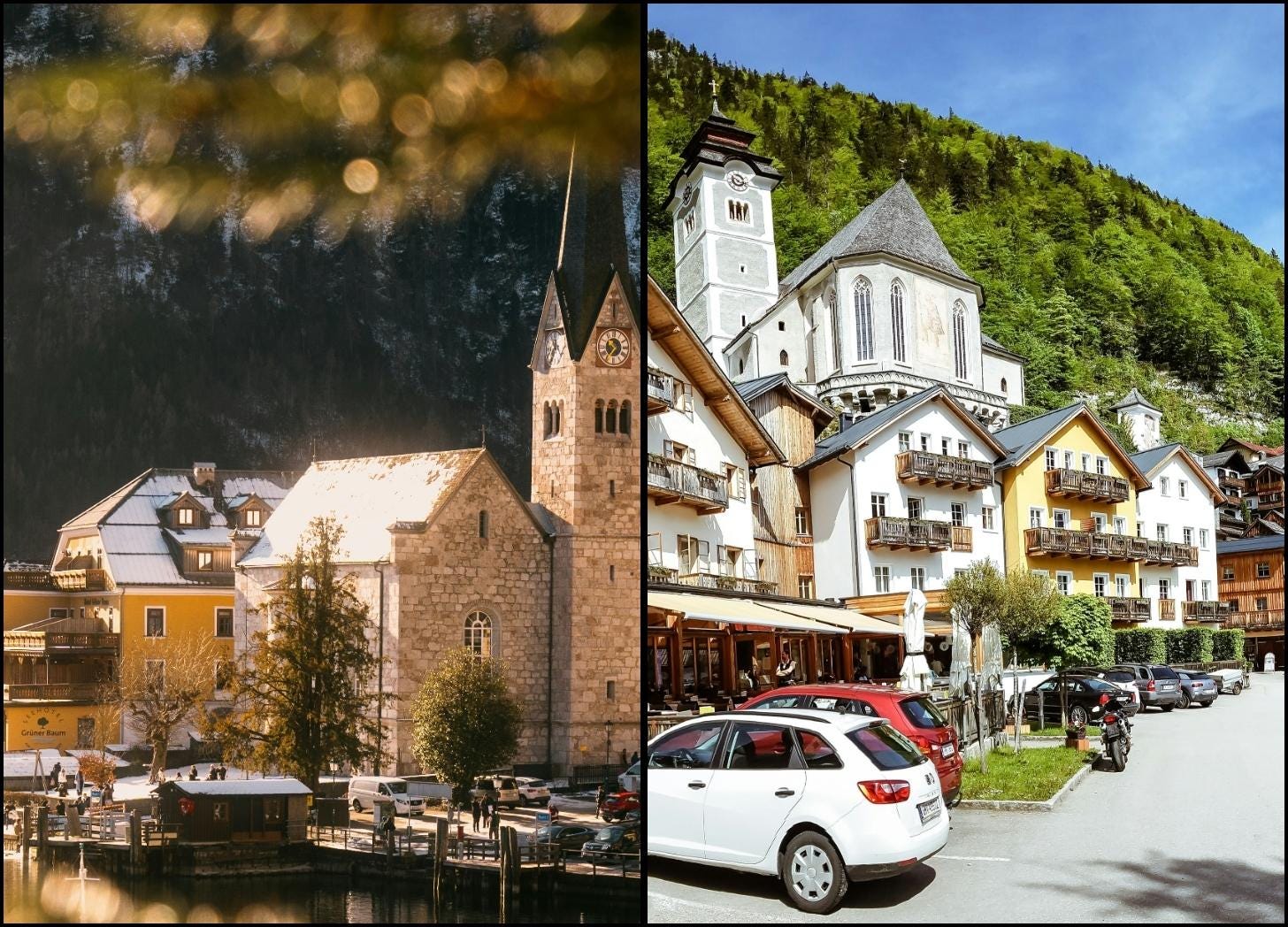 Side-by-side view of Hallstatt, Austria showing a scenic lakeside photo and a nearby street with cars and buildings, illustrating the difference between online imagery and the real experience Side-by-side view of Hallstatt, Austria showing a scenic lakeside photo and a nearby street with cars and buildings, illustrating the difference between online imagery and the real experience