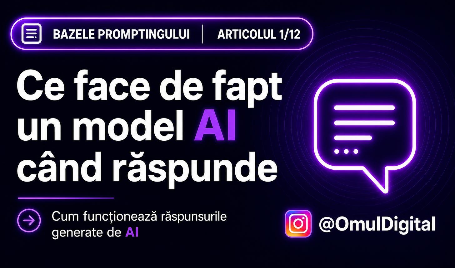 Cover pentru seria „Bazele promptingului” de la Omul Digital, cu titlul articolului, icon de chat și design mov dedicat materialelor despre prompt engineering. Cover pentru seria „Bazele promptingului” de la Omul Digital, cu titlul articolului, icon de chat și design mov dedicat materialelor despre prompt engineering.