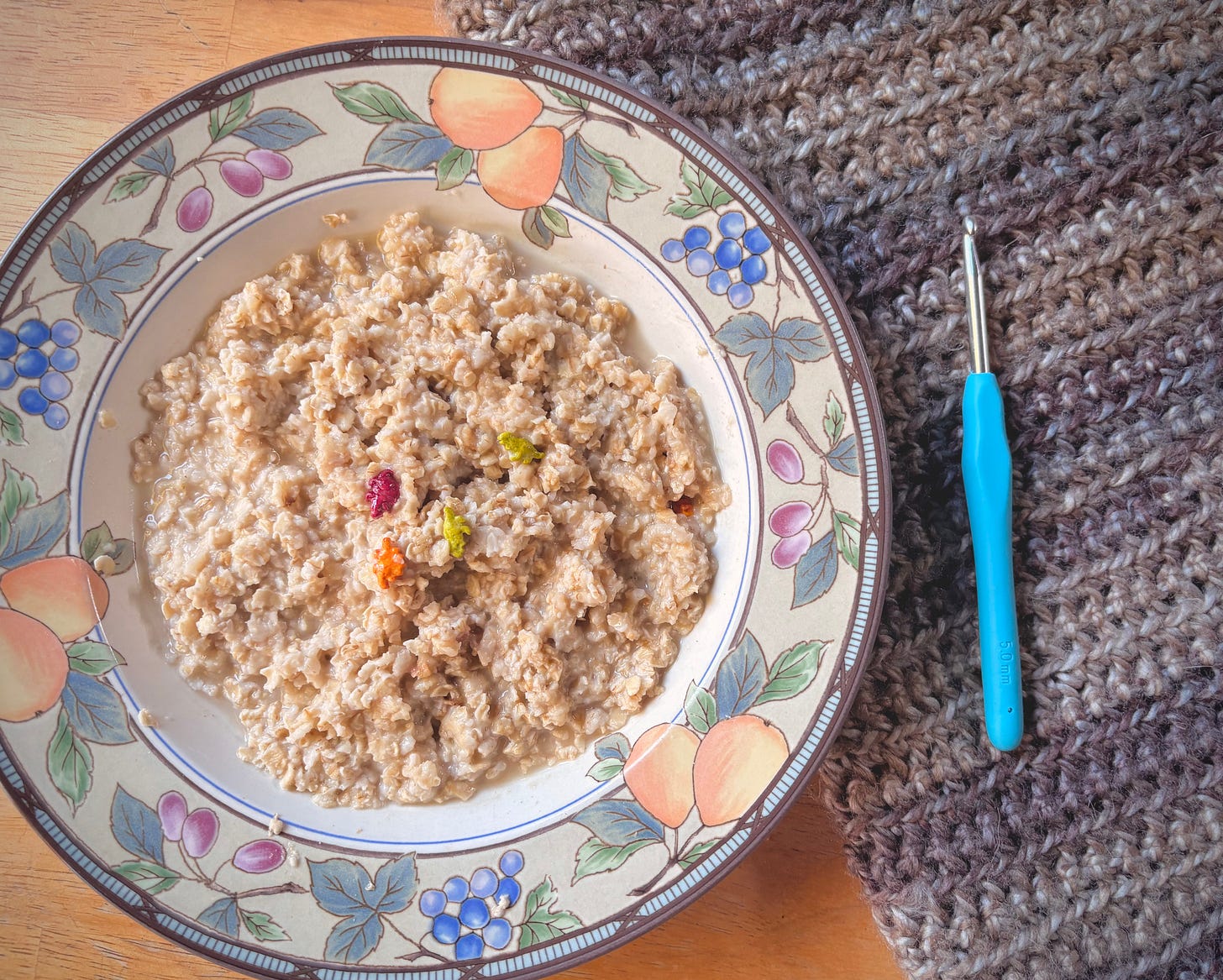 A bowl of Dinosaur Egg Oatmeal next to a crochet hook and a blanket