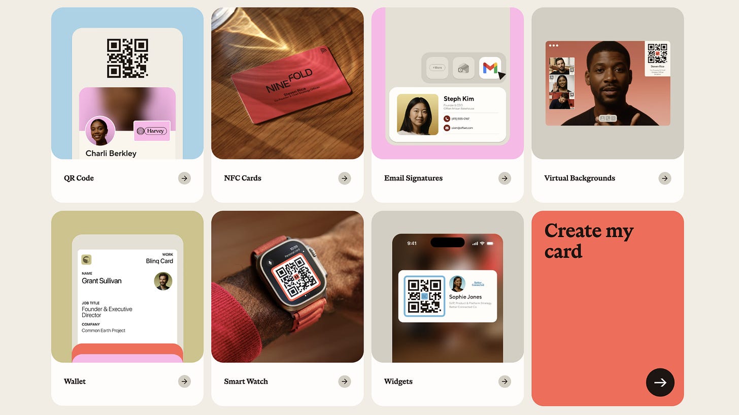 Blinq digital business card app interface showing QR code sharing and mobile networking workflow