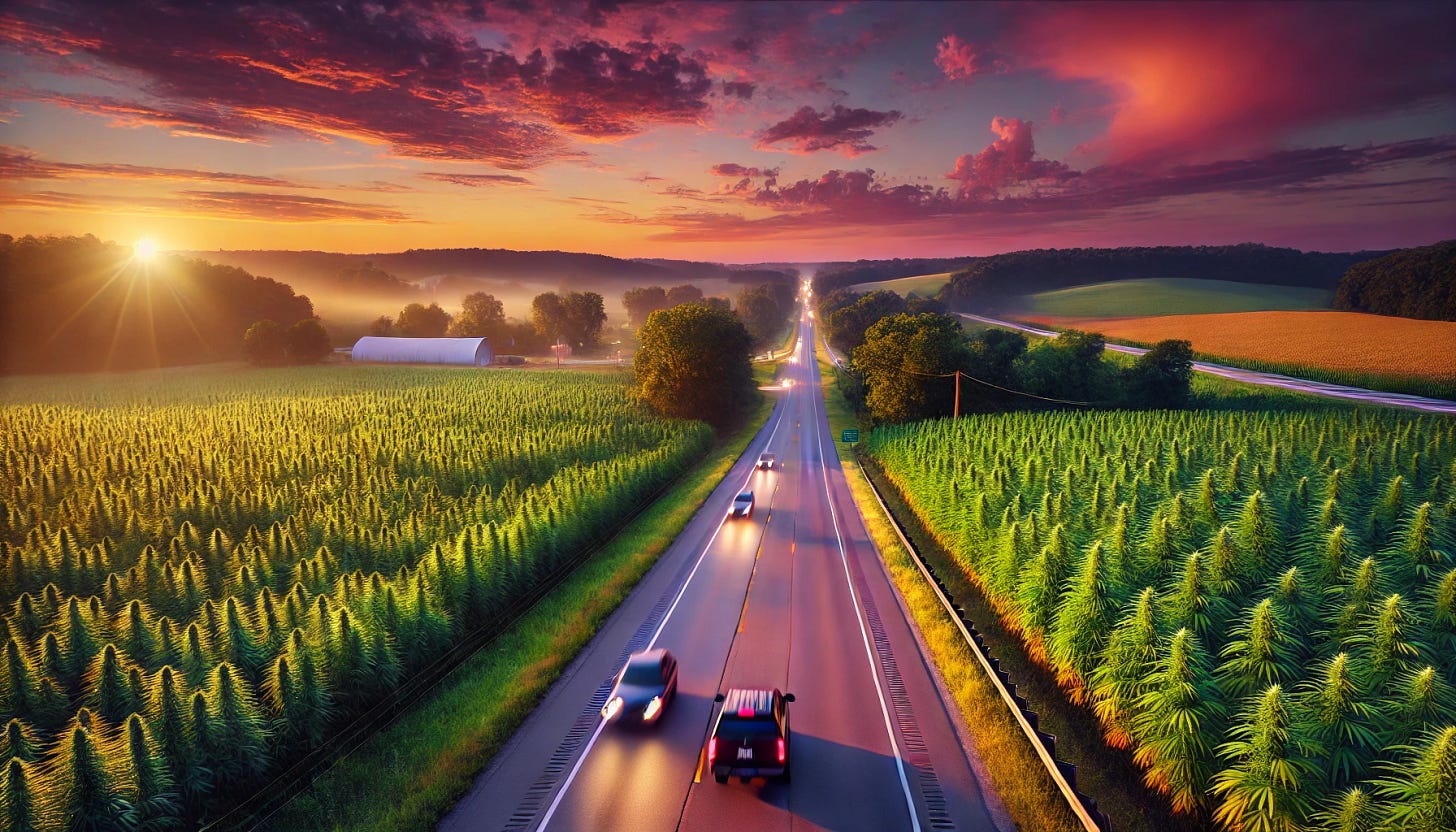 A scenic highway in Ohio during dusk, running alongside a vast cannabis field. The highway features a few cars in motion, with their headlights casting soft beams on the asphalt. The cannabis field stretches out to the horizon, its lush green plants glowing softly under the warm hues of the setting sun. The sky is painted with vibrant shades of orange, pink, and purple, with a few scattered clouds reflecting the fading light. In the distance, rolling hills and trees frame the horizon. The scene combines natural beauty with the tranquility of dawn or dusk. Created using: photorealistic detailing, warm and soft lighting, intricate textures of plants and asphalt, vivid color contrasts, realistic shadows, dynamic perspective, atmospheric depth, and high-definition quality --ar 16:9.