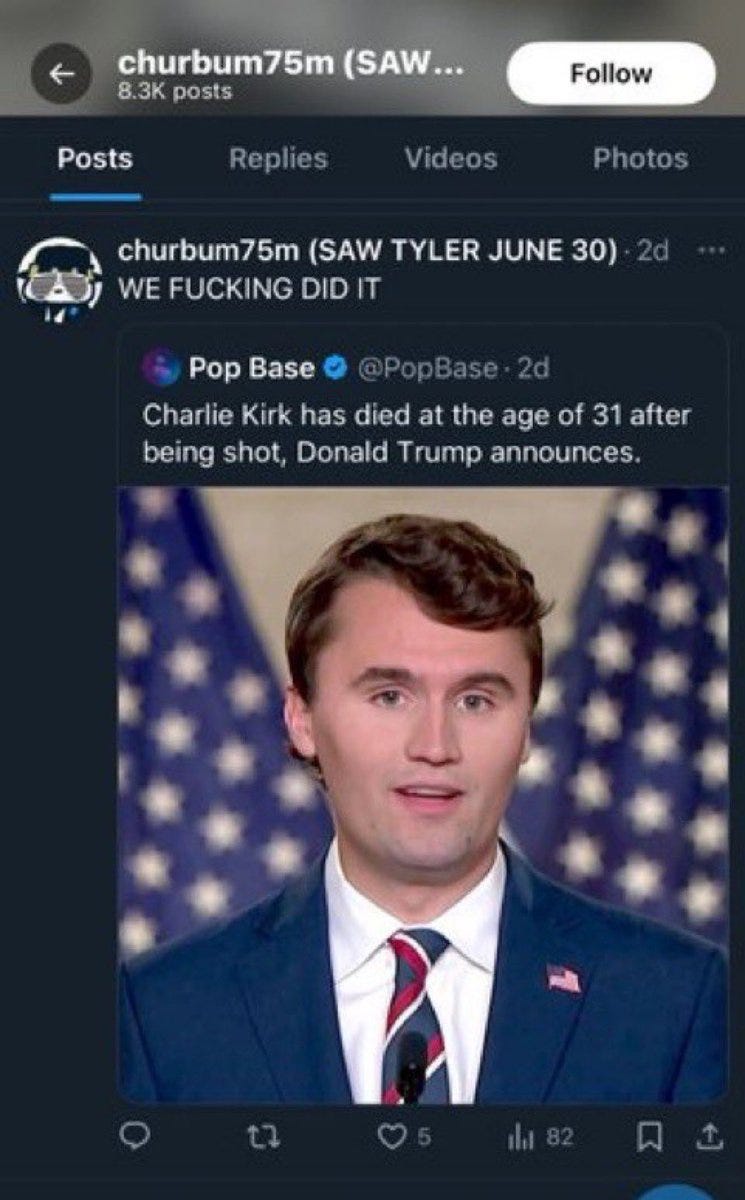 A photo of Charlie Kirk, a man with short brown hair, wearing a blue suit, white shirt, and red tie with a small American flag pin on his lapel, standing in front of a backdrop with American flags. Text overlay includes "Charlie Kirk has died at the age of 31 being shot, Donald Trump announces."