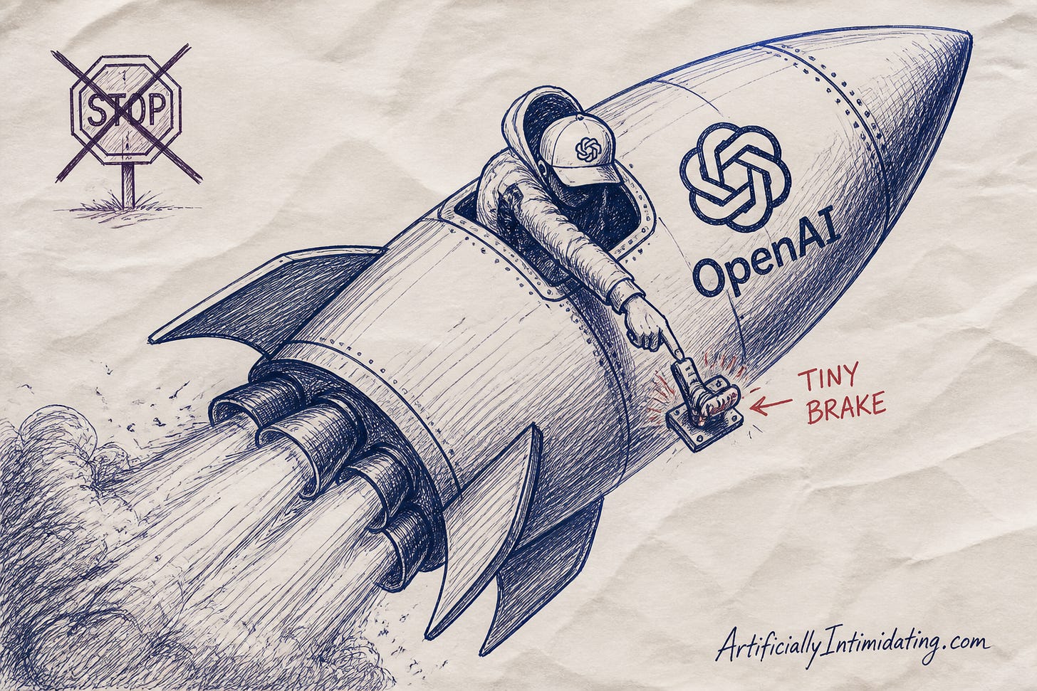 Editorial cartoon: an OpenAI rocket at full burn while the pilot presses a tiny external brake pedal