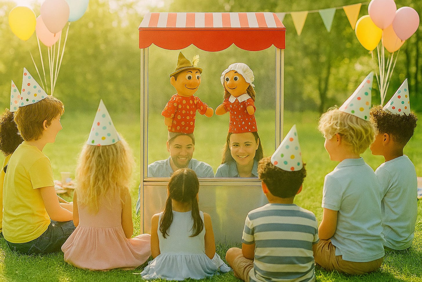 Children at a birthday party watch a bizarre puppet show inside a glass-fronted stall, where two people with doll-like expressions have motionless puppets perched on their heads.