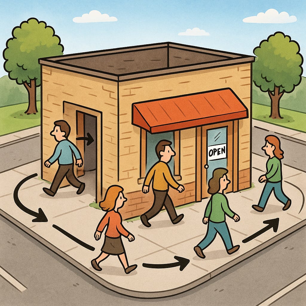 Illustration of customers entering a store and immediately leaving, symbolizing user churn and poor product retention. Illustration of customers entering a store and immediately leaving, symbolizing user churn and poor product retention.