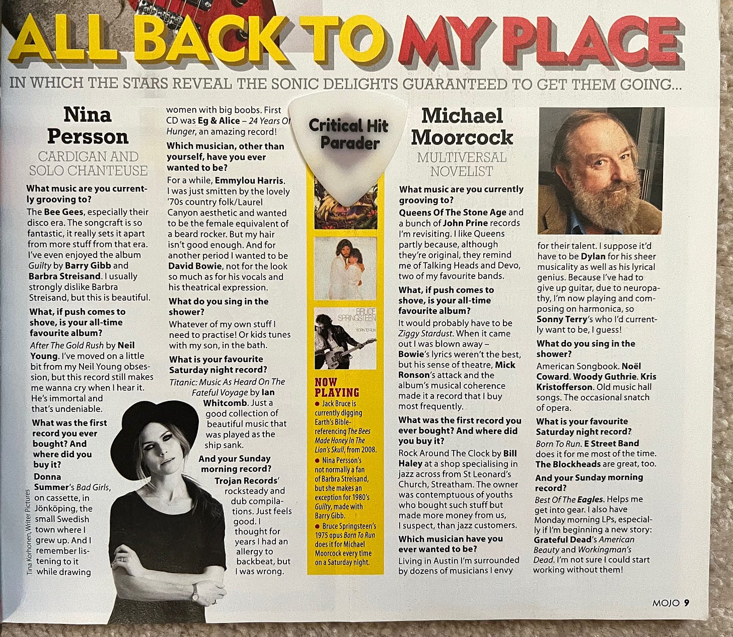 A photo of an interior page of the April 2014 issue of Mojo magazine showing Nina Persson of the Cardigans and Michael Moorcock.