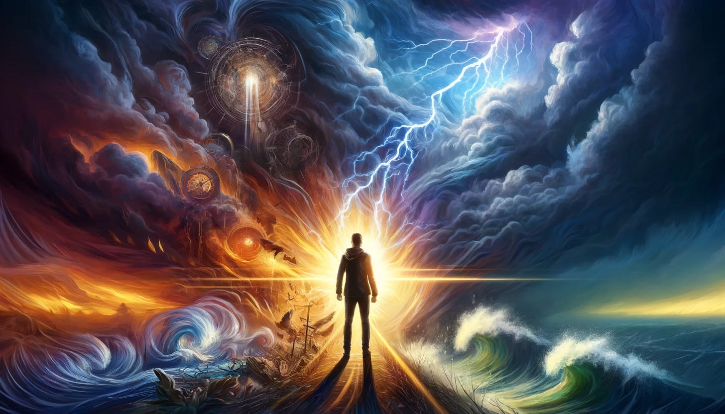 In the heart of the storm where many challenges intersect, the polycrisis roars, where a thousand fears ignite. But man, clear-sighted, with a resilient spirit, forges prosilience, an eloquent path. Depict a powerful storm with dark, swirling clouds and lightning. In the midst of the chaos, show a determined man standing firm, illuminated by a bright light, symbolizing his resilient and clear-sighted nature. The background should hint at various challenges and fears, with subtle symbols like shattered gears, burning worries, and chaotic waves. The man's path should be clear and bright, leading towards hope and resolution. Use vibrant and colorful hues to bring the scene to life.