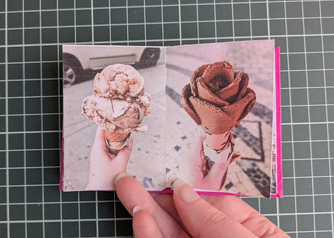 image 1; a small booklet held in a woman's hand, the cover is magenta pink with a black map pin in the center and the words "my two cities" in white. image 2, a woman's hand holds up the booklet, the spread shows to similar photos. the photo on left shows a large flowering tree with bright pink and white blooms behind the tree is a house with faded yellow wood siding, on the right the photo shows a small flowering tree with bright pink and white blooms, behind the tree is an apartment building made of pale yellow stucco. image 3, a woman's hand holds open the booklet, the spread shows two similar photos. the photo on the left shows a gothic archway through the archway we see stairs leading up to trees and a lone figure silhouetted, the photo on the right shows a tall carved stone archway, there are people in the foreground and through the archway we see a pale sky a long statue silhouetted. image 4, a woman's hand holds up the booklet, the spread shows two similar photos, the photo on the left shows various posters and flyers interspersed with graffiti on a dark brown door, the photo on the right shows a wall completely covered in flour pasted flyers and posters. image 5, a woman's hand holds up the booklet, the spread shows two similar photos, the photo on the left shows an iced coffee drink in a plastic cup and a iced blueberry scone on.a black napkin on a rustic wood table with an empty wood cane chair in the background, the photo on the right shows an iced coffee drink in a glass mason chair and a croissant covered in powdered sugar on a black stone tray sitting on a smooth wooden table, there's am empty white woven chair in the background. image 6, a woman's hand holds up the booklet, the spread shows two similar photos, the image on the left shows the tops of trees and small homes and flat top apartment buildings, the sky is pale yellow and blue and a few dark blue clouds dot it, the image on the right shows the tops of white homes and apartments with dark red terracotta shingles on the roofs, the sky is pale blue and yellow with dark blue and bright pink clouds. image 7, a woman's hand holds open the booklet, the spread shows two similar photos, the photo on the left shows a white gallery wall featuring many framed art works in varying sizes and shapes. a long man in a khaki shorts and blue shirt stands to the left looking up at the artwork, the photo on the right shows a large beige curved wall featuring many hanging loose canvases painted in bright warm colors, a lone man stands to the right in all black looking up at the canvases. image 8, a woman's hand holds open the booklet, the spread shows two similar photos, the photo on the left is a woman's left hand holding an ice cream cone with two scoops, the ice cream is white with brown flecks, the background shows a blurry concrete sidewalk, the photo on the right show's a woman's left hand holding an ice cream cone, the ice cream is dark chocolate and artfully arranged into petals to resemble a rose, the background is a blurry tiled sidewalk in white and black. image 9, a woman's hand holds open the booklet, the spread is two similar photos, the photo on the left is a bright blue sky with fluffy white clouds over the NYC skyline, the photo on the right shows the sky in the exact same bright blue shade with white fluffy clouds that seem to connect with the clouds from the photo on the left, the buildings at the bottom of the photo are white with bright red terracotta roofs