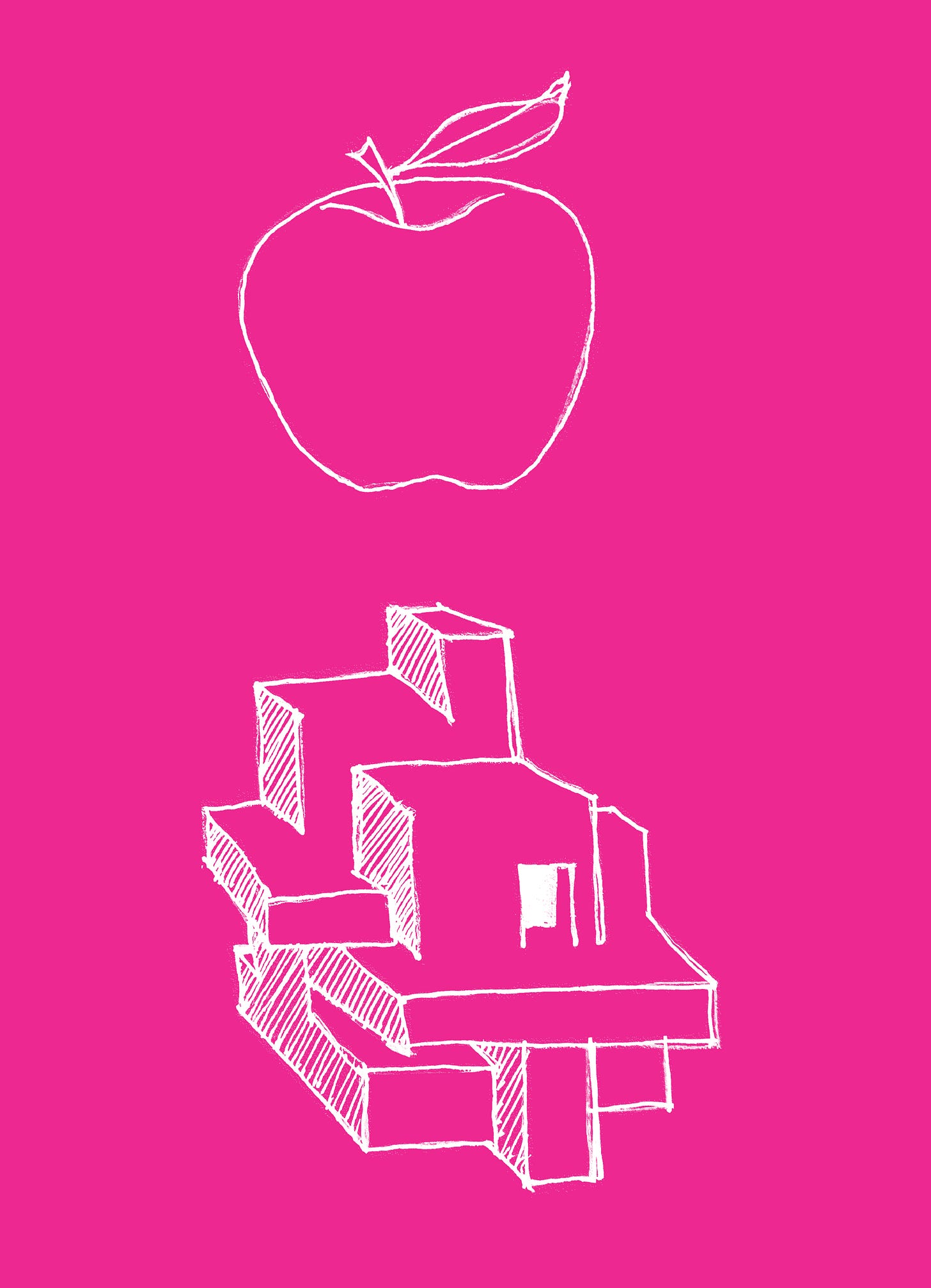graphic with pink background with and drawing of an apple and blocks