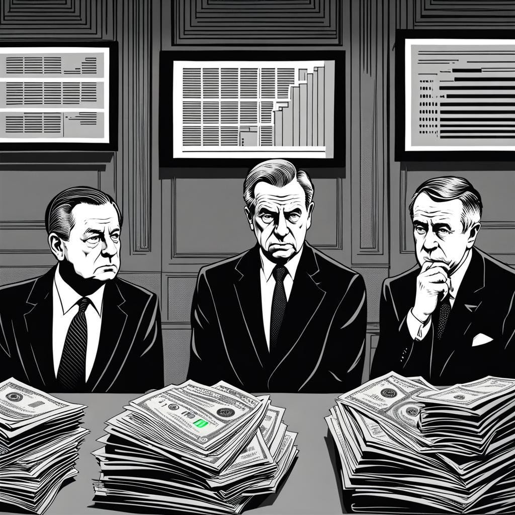 Three central bankers looking worried while looking at a bond market