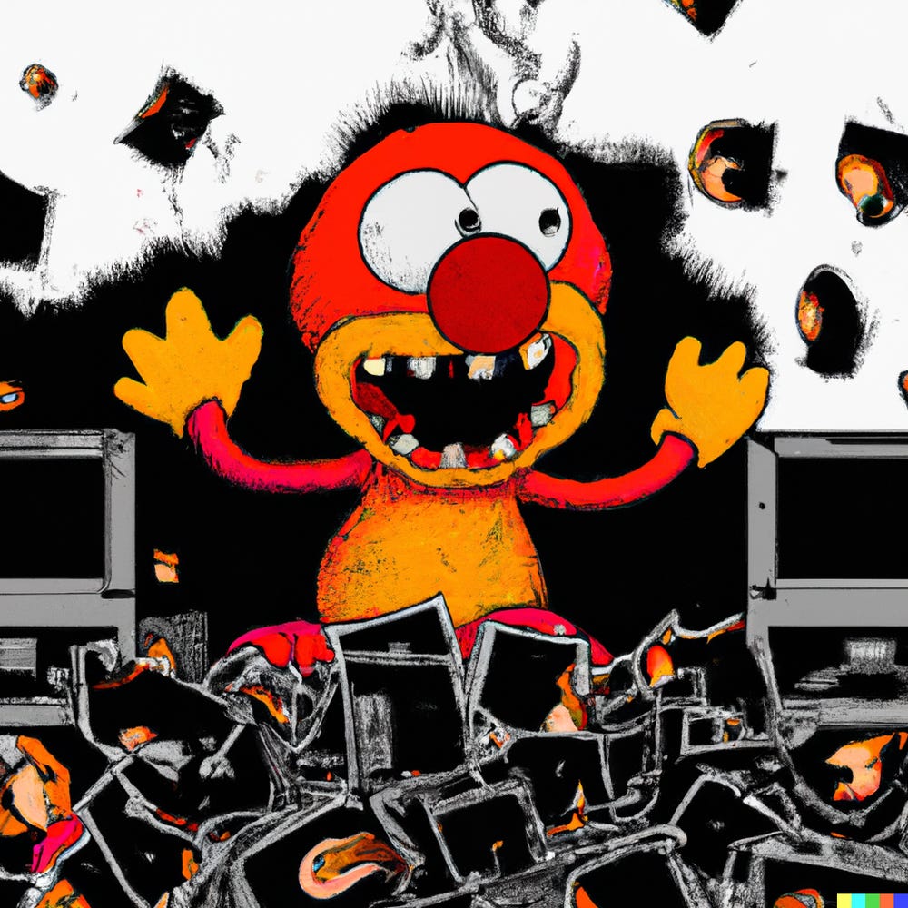 elmo with burning computers