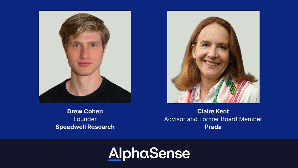 Drew Cohen of Speedwell Research and Claire Kent of Prada, with the AlphaSense logo.