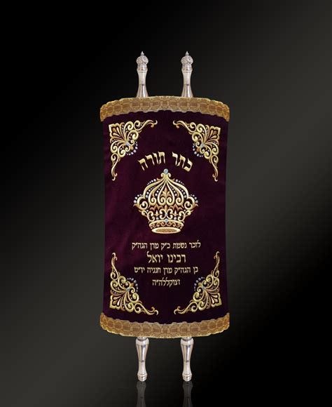 Left: Sephardic Torah in elaborate metal case; right: Ashkenazi Torah in maroon mantle with gold embroidery and fringe