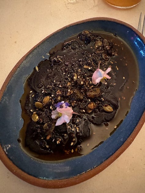 Wood-Fired Beets at Theodora. Sophie's Way at ThisBowl. Scoops of Caffè Bianco Stracciatella and Peanut Butter Chip, topped with panna, sea salt, and Umbrian olive oil at Caffè Panna.