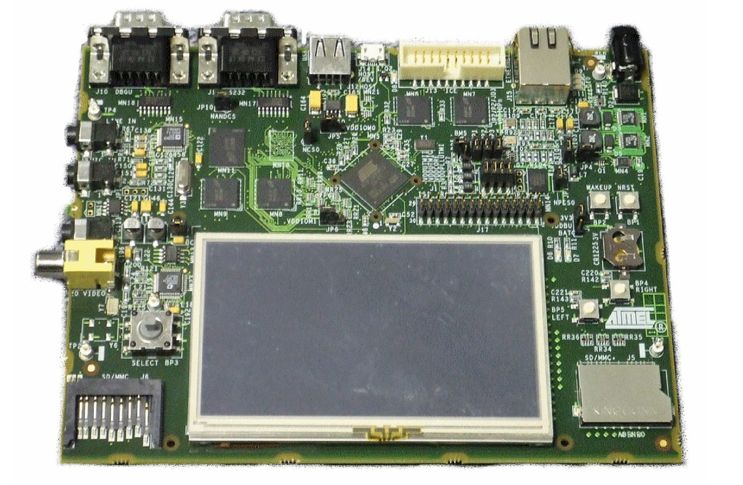 Atmel AT91SAM9G45-EKES evaluation kit — the reference board for the ARM926EJ-S SoC used in the Sweda TGM terminal. The SMC bus (Static Memory Controller) on this board is where the external TL16C2550 dual-UART chip was mapped at AT91_CHIPSELECT_1 Atmel AT91SAM9G45-EKES evaluation kit — the reference board for the ARM926EJ-S SoC used in the Sweda TGM terminal. The SMC bus (Static Memory Controller) on this board is where the external TL16C2550 dual-UART chip was mapped at AT91_CHIPSELECT_1