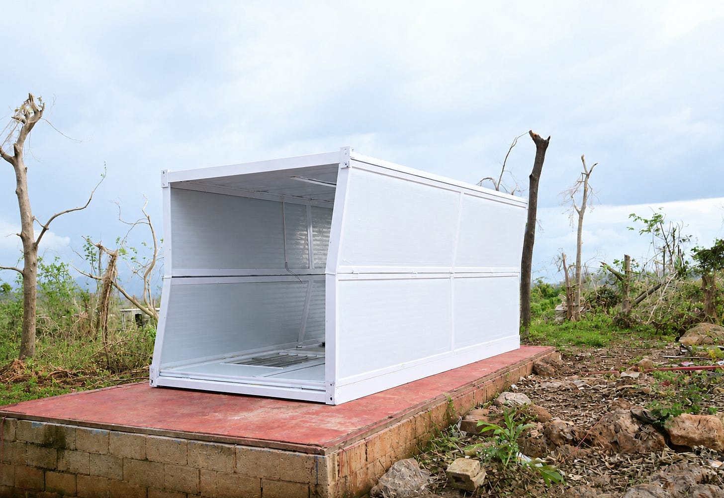 A containerised housing unit sits on a prepared foundation in a hurricane damaged community following Hurricane Melissa. The Government’s promised rollout of modular homes has become a growing point of debate amid concerns about the pace of reconstruction and housing delivery across affected areas.