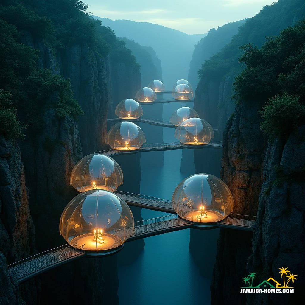 Sky Bridge Villages: Ribbon-like walkways suspended between cliffs, with glass pods that glow softly at night like fireflies above the valleys.