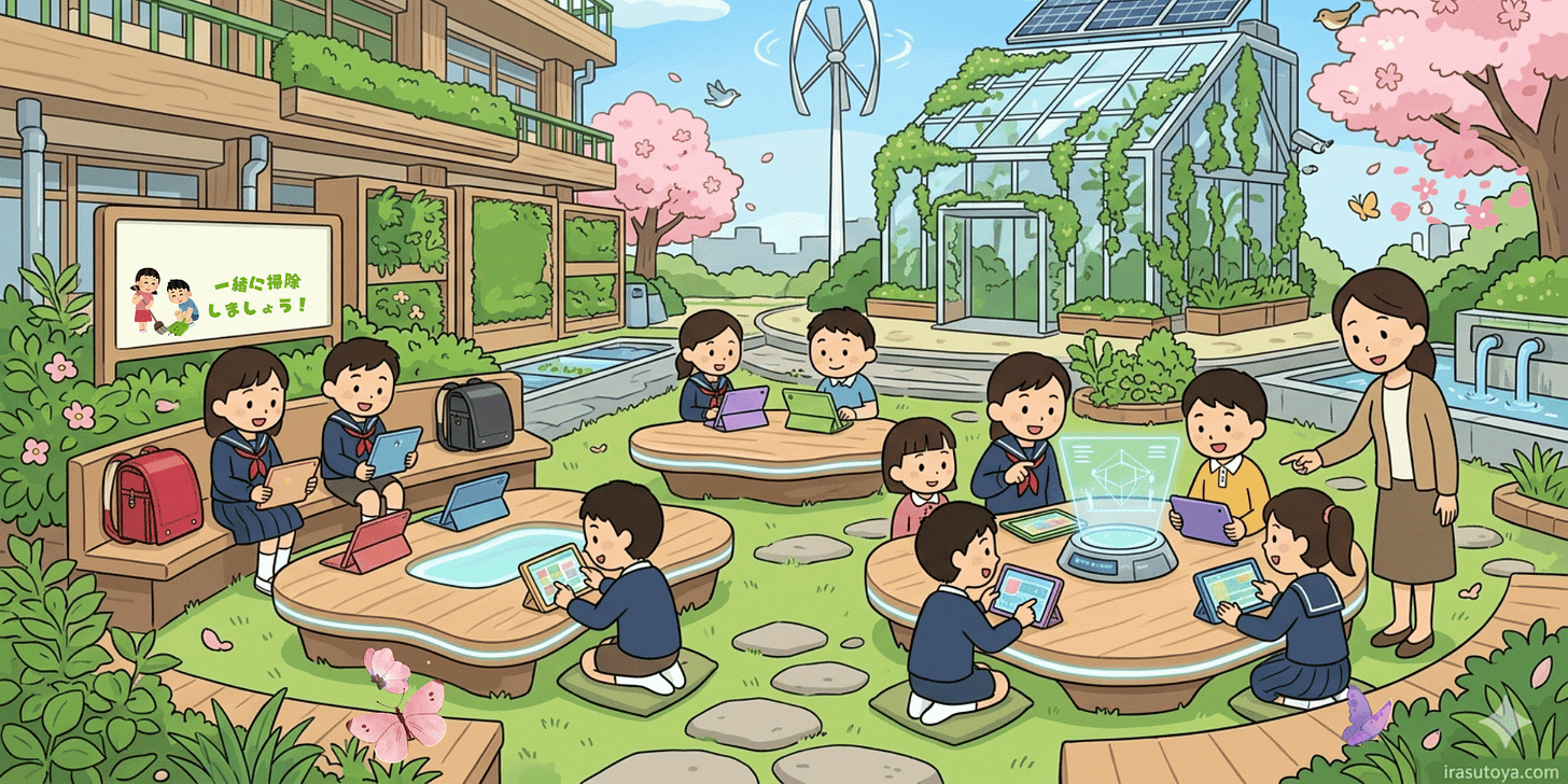an AI generated image based on Irasutoya's style of illustration depicting a solarpunk style Japanese junior high school with kids and their tablet PCs around puddle tables in an outdoor classroom.