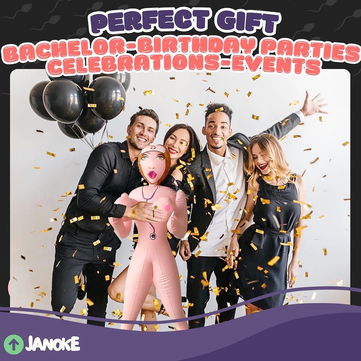 Young people pose having a party with a cheap, inflatable sex doll, (non-nude).